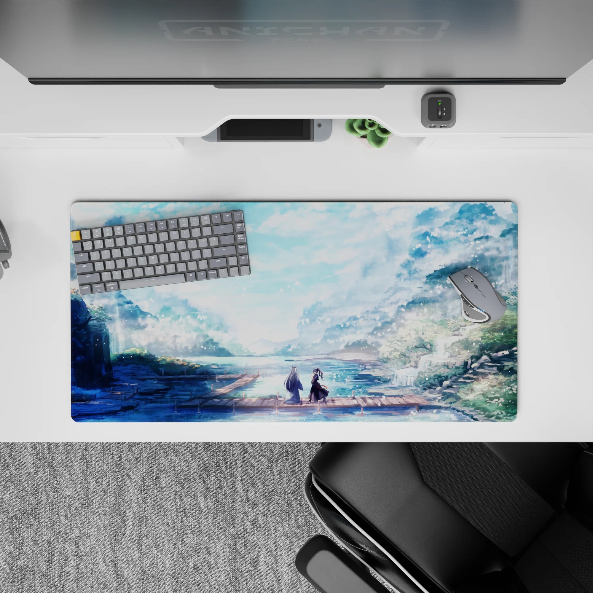 Anime mouse pad 32x16 inches with serene pastel colors, figures on a dock, falling petals, perfect for tranquility.
