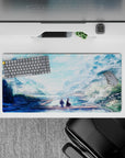 Anime mouse pad 32x16 inches with serene pastel colors, figures on a dock, falling petals, perfect for tranquility.