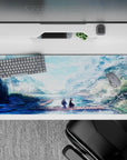 Anime desk pad 36x16 inches featuring serene landscape with figures on a dock, pastel colors, and falling petals.