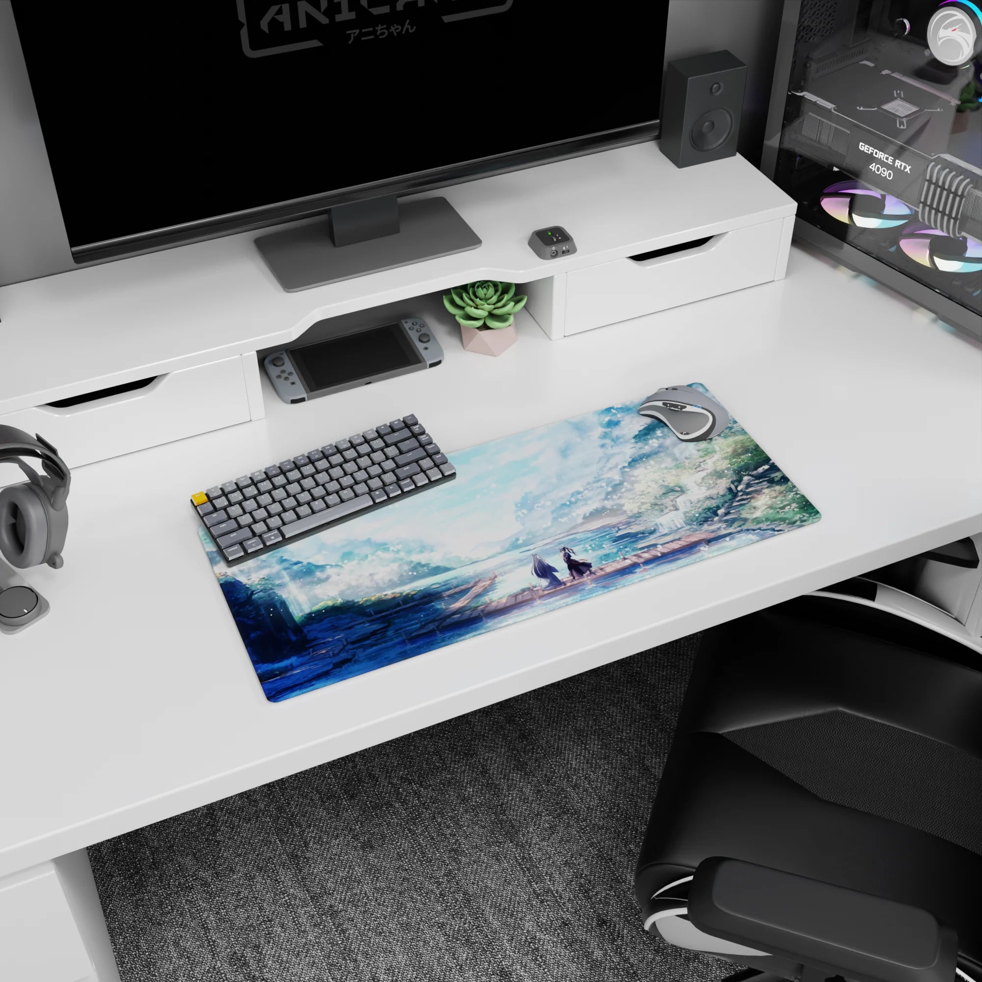 Anime mouse pad 28x12 inches featuring a serene landscape with two figures on a dock, pastel colors, and falling petals.