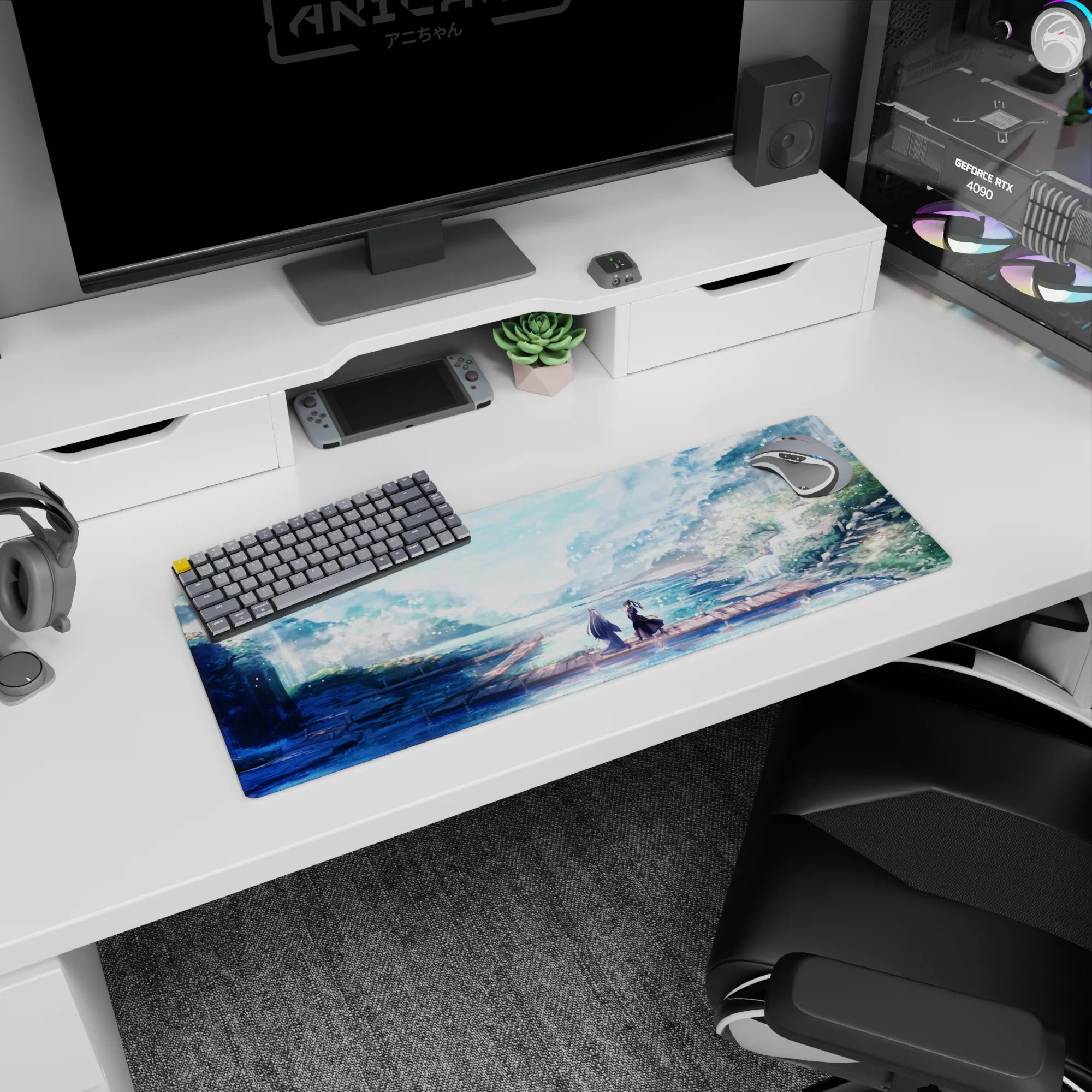 Anime mouse pad 32x12 inches featuring serene pastel scene with two figures on dock, soft sunlight, and falling petals.