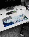 Anime mouse pad 32x12 inches featuring serene pastel scene with two figures on dock, soft sunlight, and falling petals.