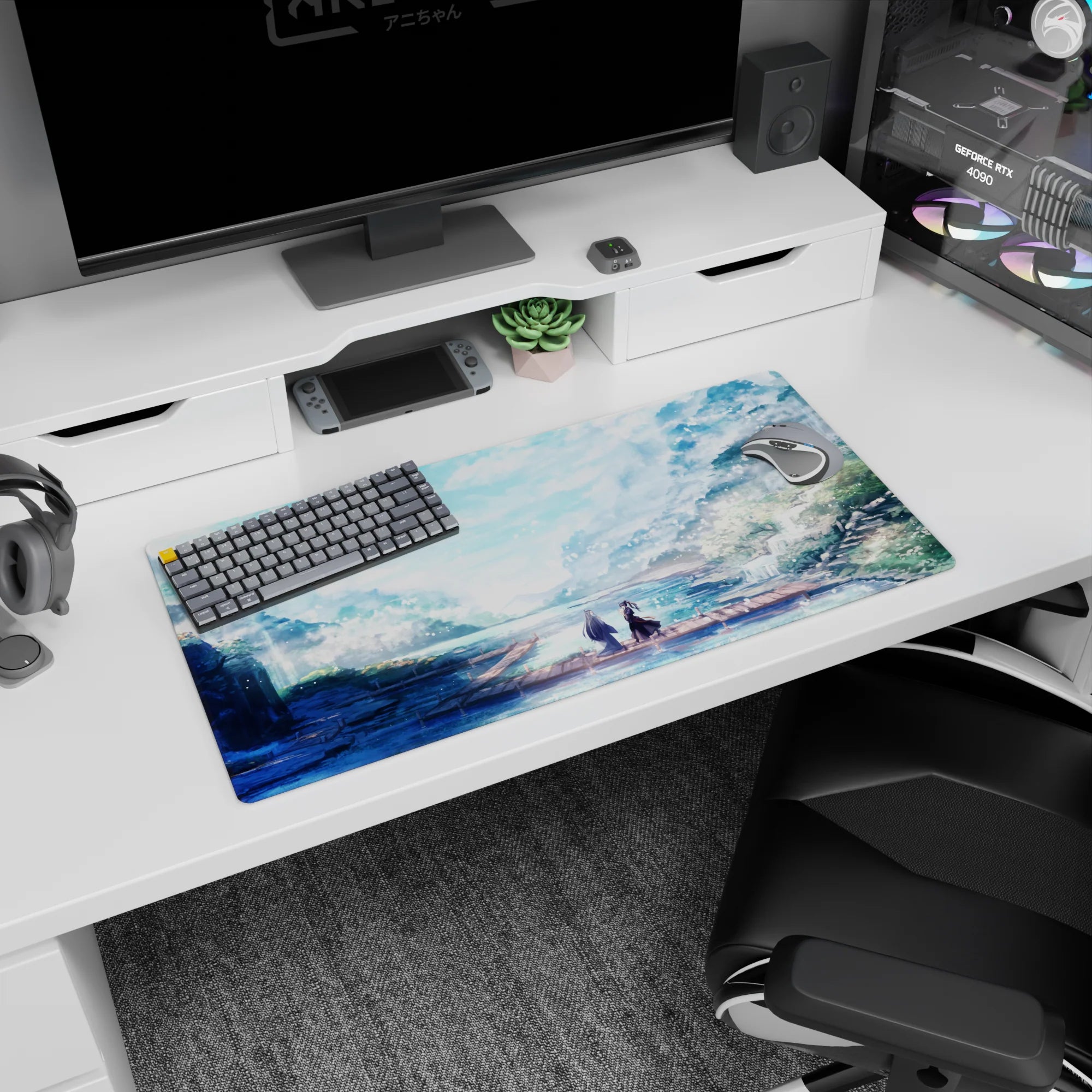 Anime mouse pad 32x16 inches with pastel colors, featuring two figures on a dock amidst falling petals and serene scenery.