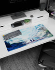 Anime mouse pad 32x16 inches with pastel colors, featuring two figures on a dock amidst falling petals and serene scenery.
