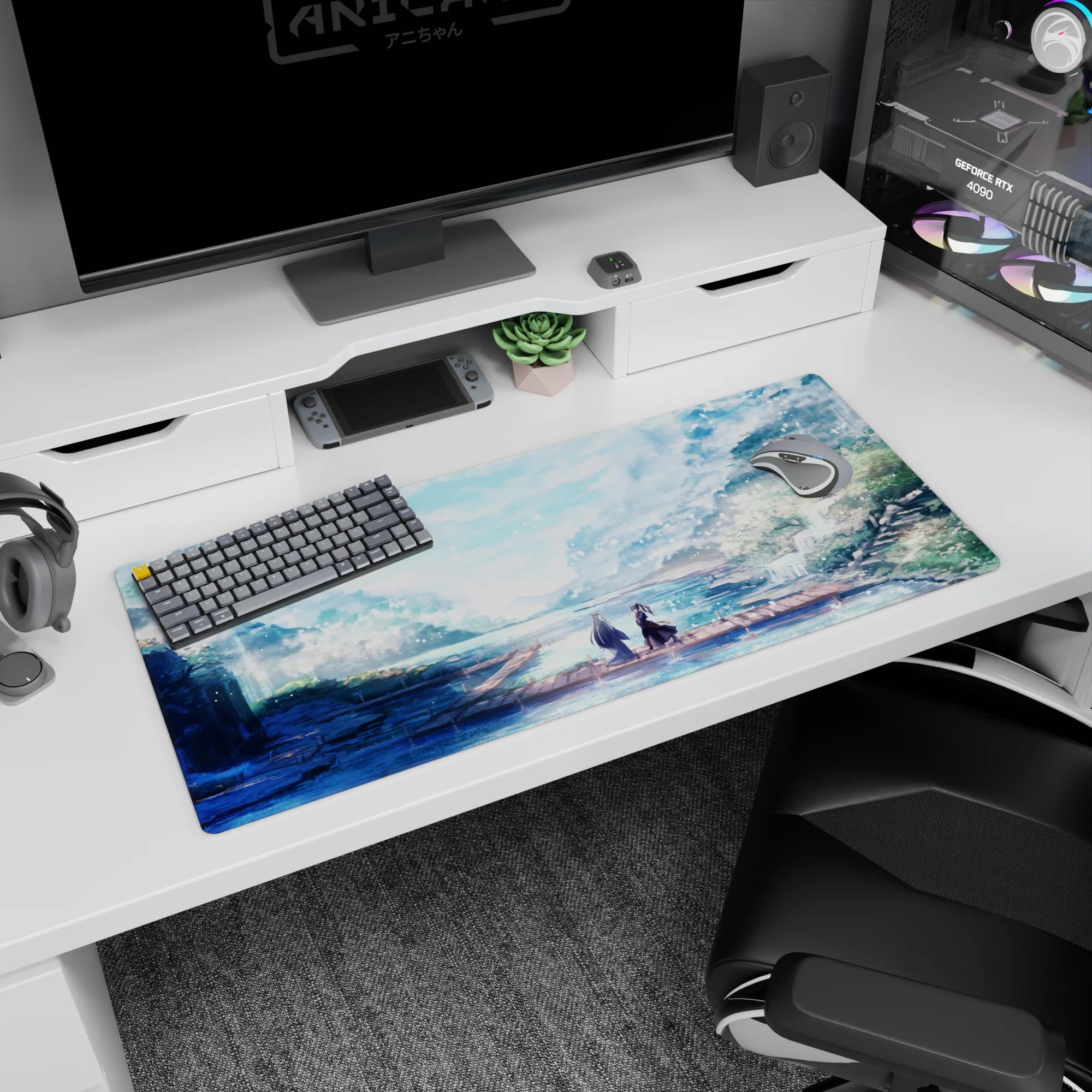 Anime desk pad 36x16 inches with pastel colors, two figures on a dock, soft sunlight, mountain mist, and falling petals.