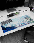 Anime desk pad 36x16 inches with pastel colors, two figures on a dock, soft sunlight, mountain mist, and falling petals.