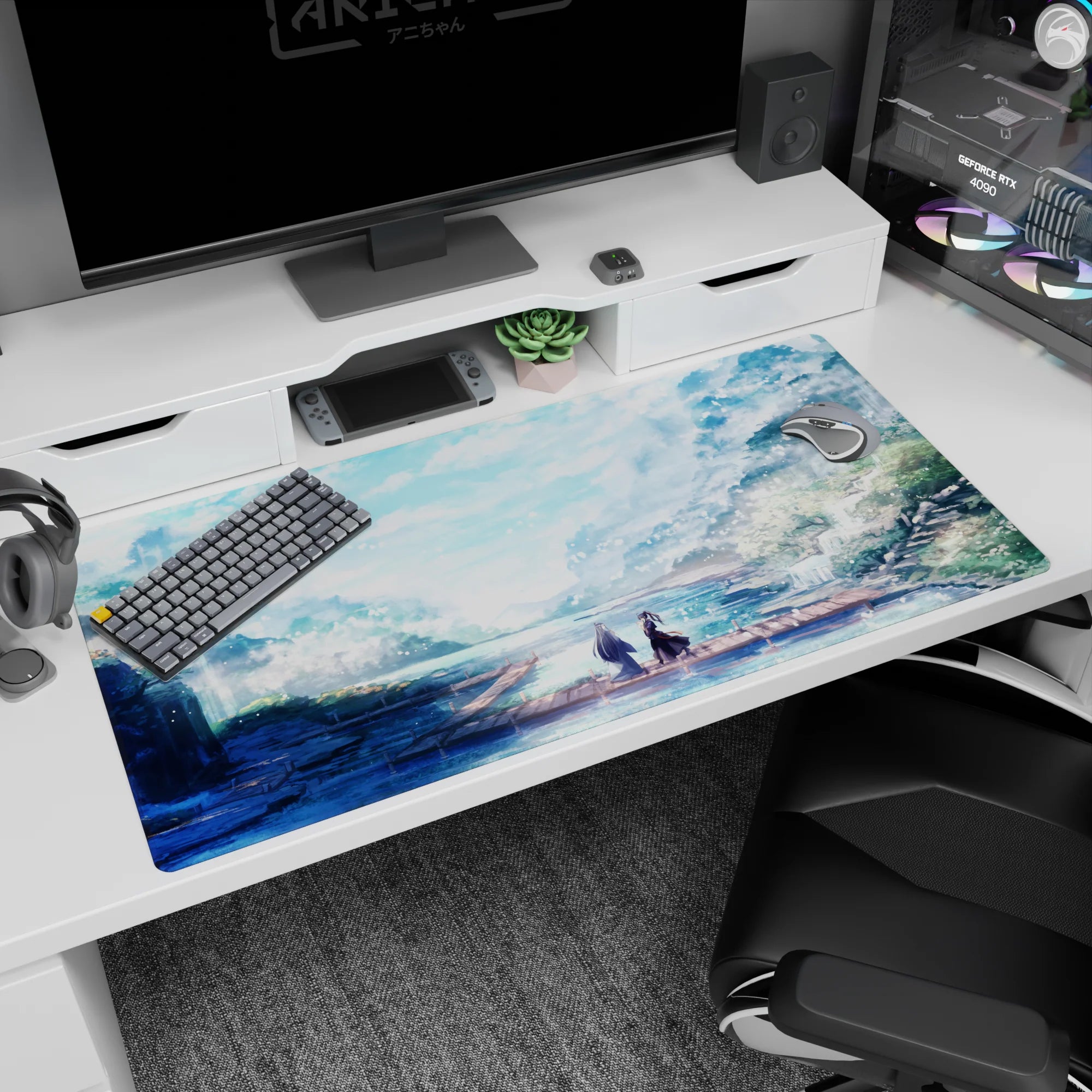 Anime mouse pad 40x20 inches with serene landscape, soft sunlight, mountain mist, and two figures on a dock.