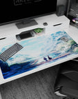 Anime mouse pad 40x20 inches with serene landscape, soft sunlight, mountain mist, and two figures on a dock.