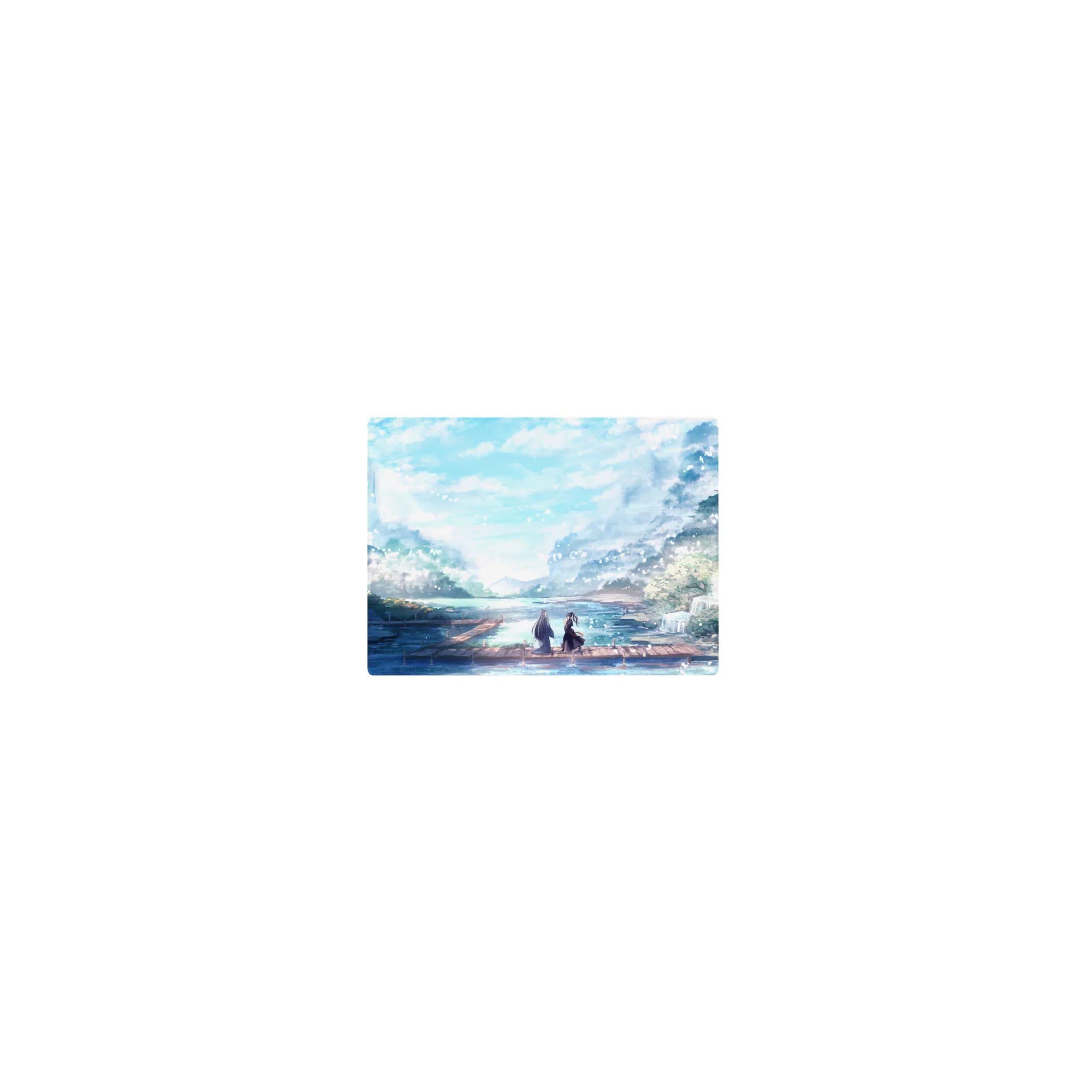 Anime mouse pad 14x10 inches with serene pastel landscape, featuring two figures on a dock amid falling petals.