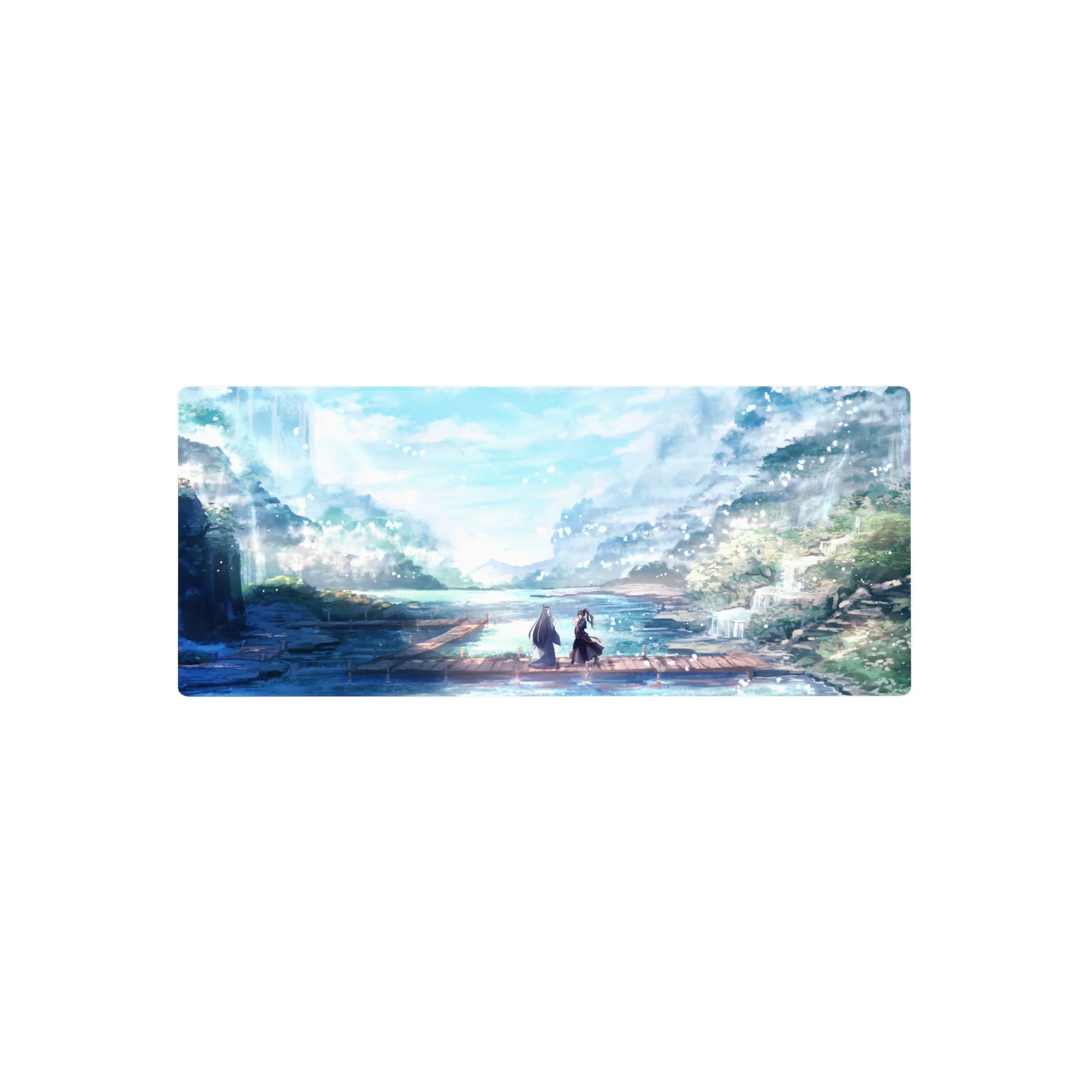 Anime mouse pad 28x12 inches with serene pastel palette, featuring two figures on a dock under falling petals.