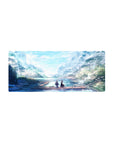 Anime mouse pad 28x12 inches with serene pastel palette, featuring two figures on a dock under falling petals.