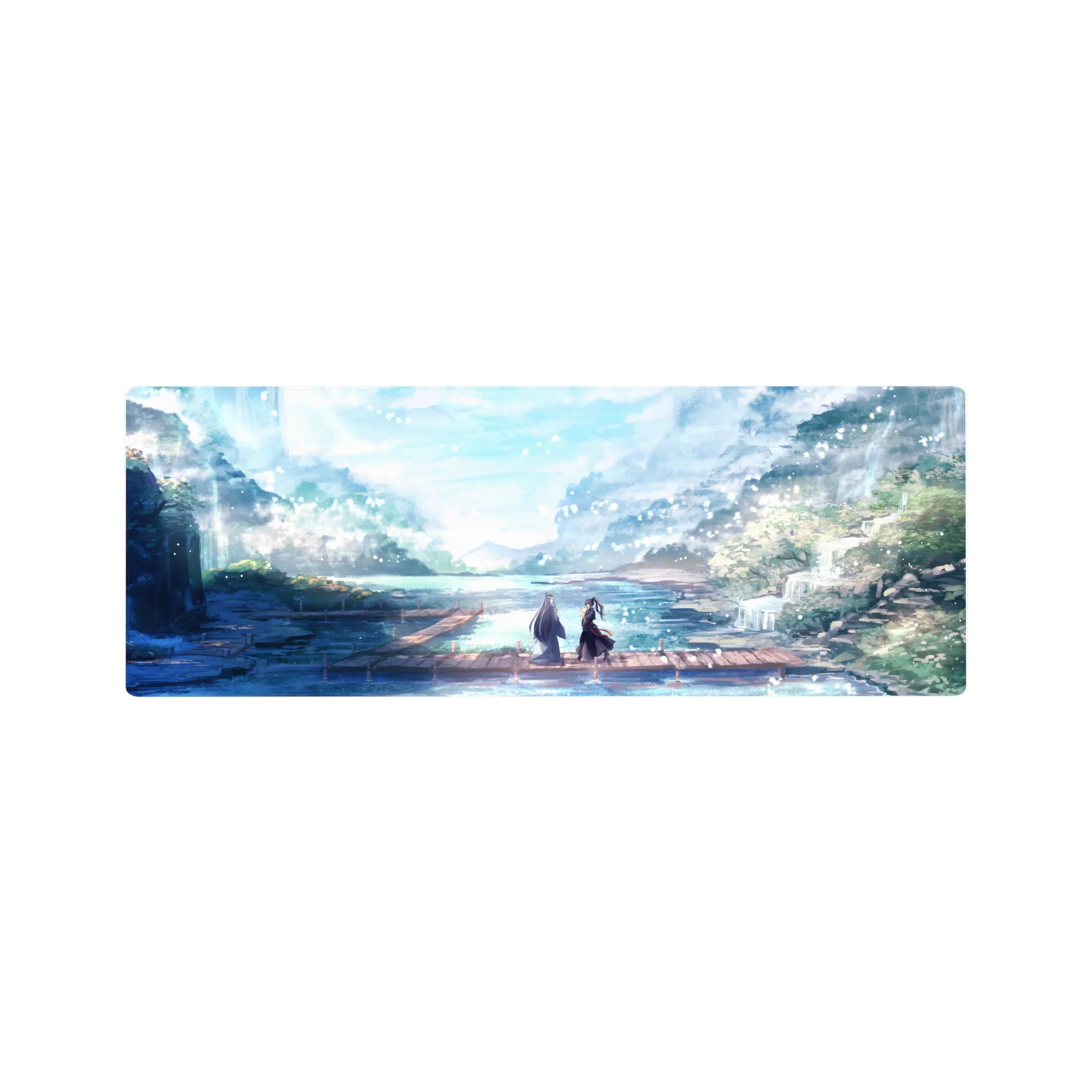 Anime mouse pad 32x12 inches featuring serene pastel scene with two figures on a dock, framed by falling petals.