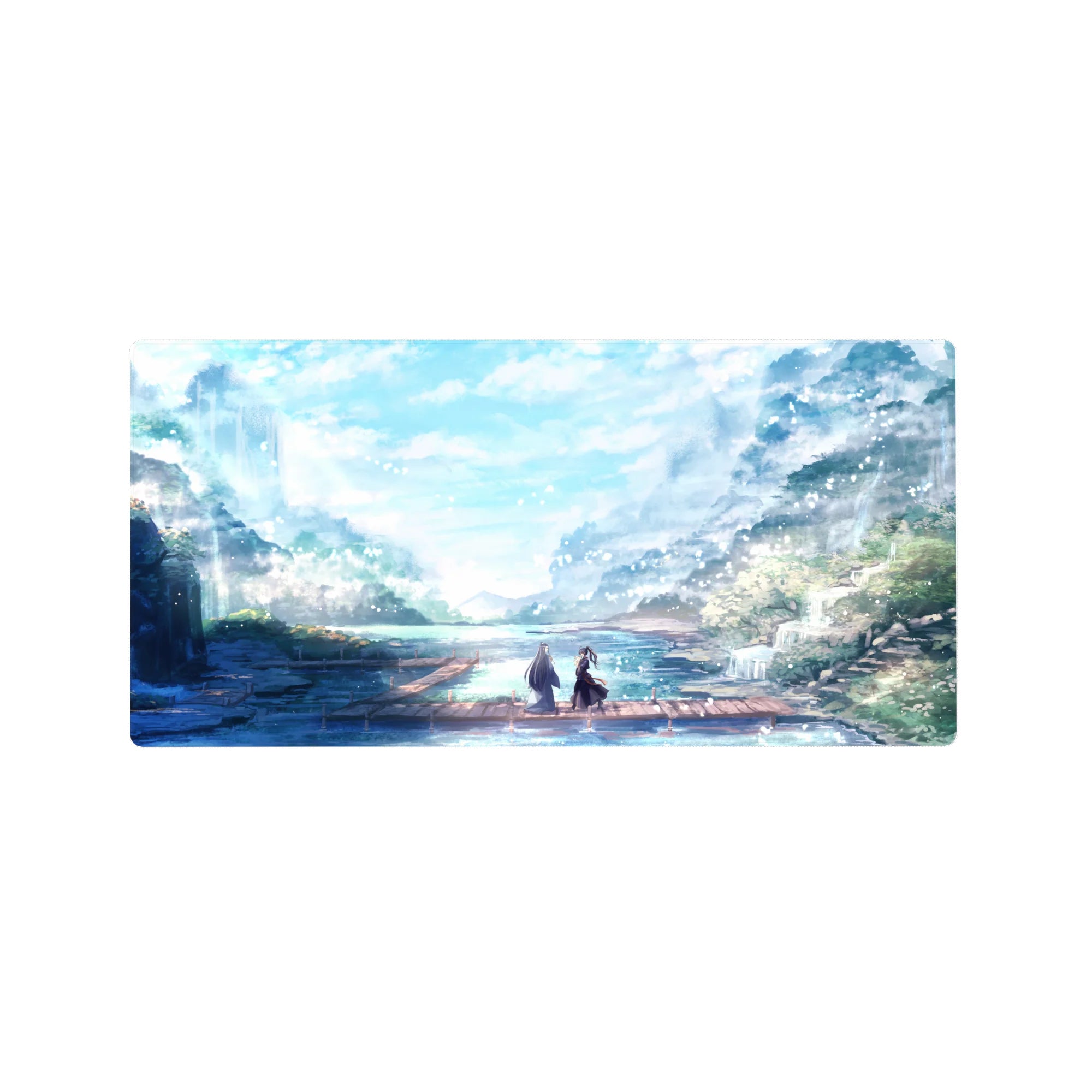 Anime mouse pad 32x16 inches with serene pastel scene, soft sunlight, water, mountain mist, and distant figures on dock.