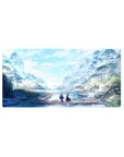 Anime mouse pad 32x16 inches with serene pastel scene, soft sunlight, water, mountain mist, and distant figures on dock.