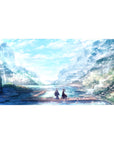 Anime desk pad 40x20 inches featuring serene landscape with two figures on a dock amidst pastel colors and falling petals.