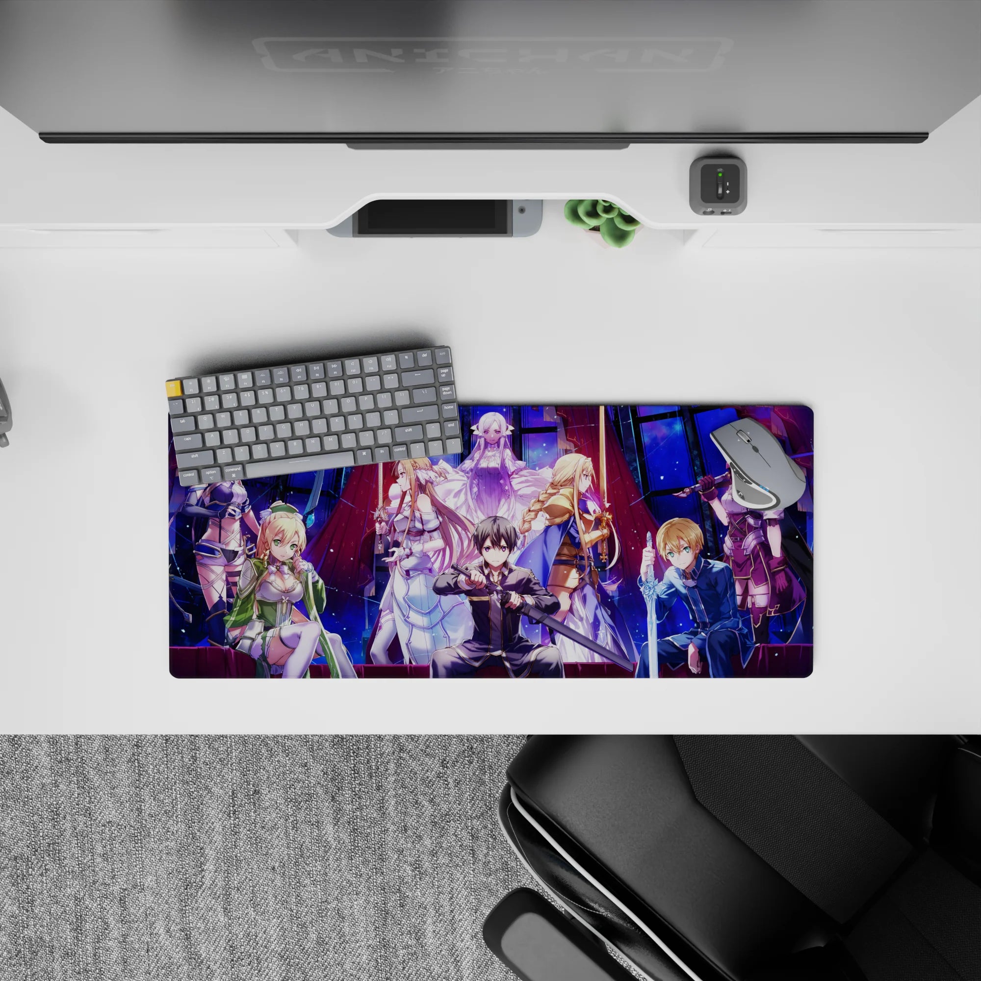 Anime mouse pad 28x12 inches featuring Kirito, Asuna, Alice, Sinon from Sword Art Online: Alicization in vivid blues and crimson.
