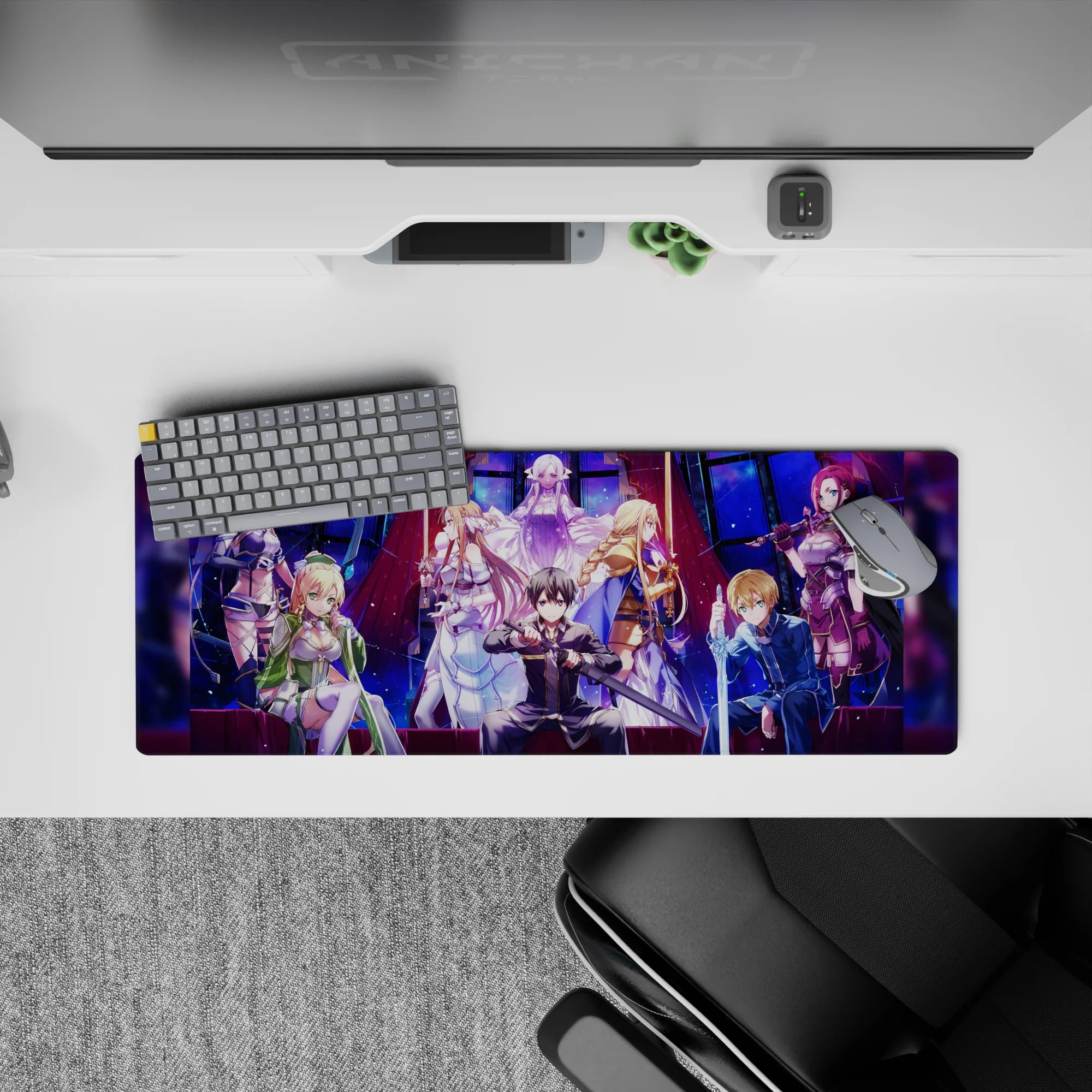 Anime mouse pad 32x12 inches featuring Kirito, Asuna, Alice, and Sinon from Sword Art Online: Alicization, in vibrant colors.