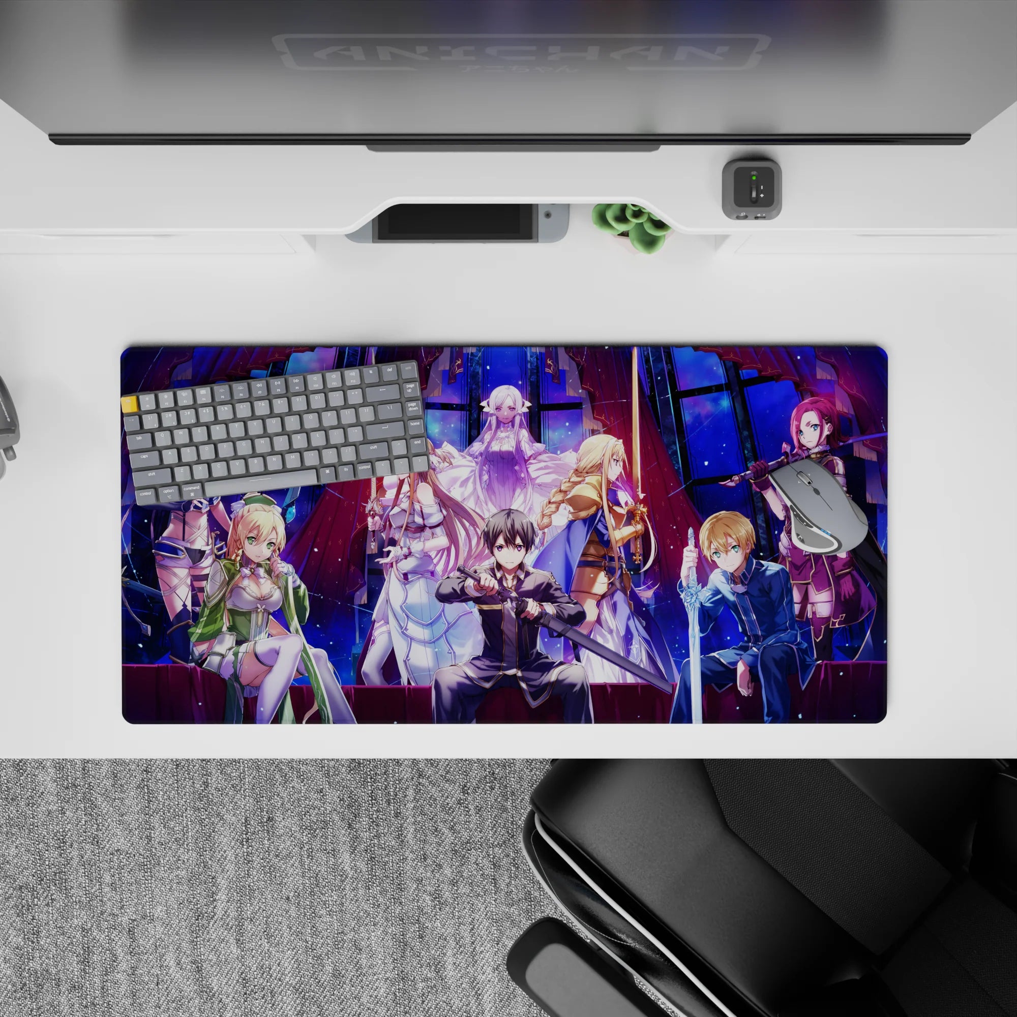 Anime mouse pad 32x16 inches featuring Kirito, Asuna, Alice, and Sinon from Sword Art Online: Alicization in vibrant colors.