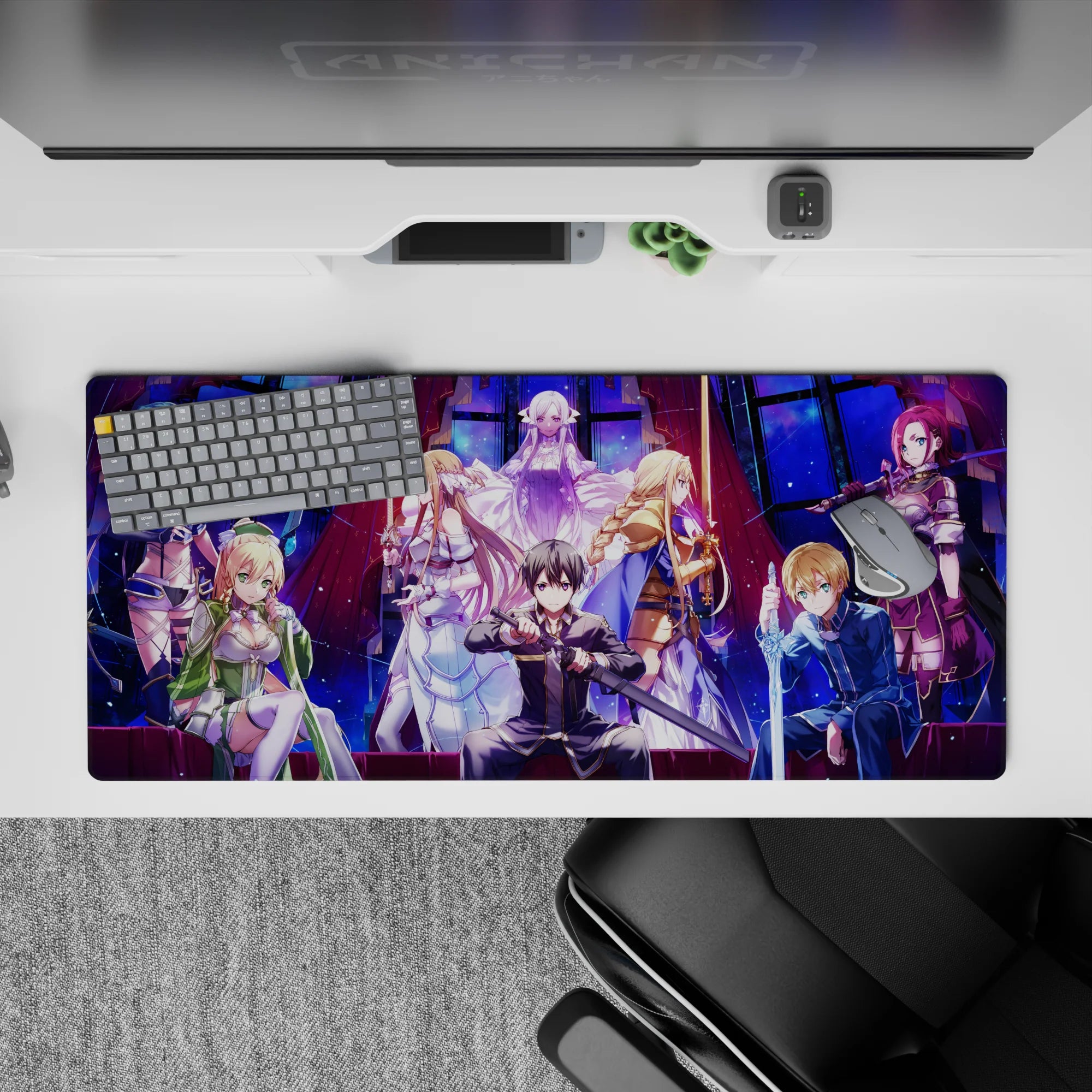 Anime desk pad featuring Sword Art Online: Alicization characters Kirito, Asuna, and Alice, size 36x16 inches.