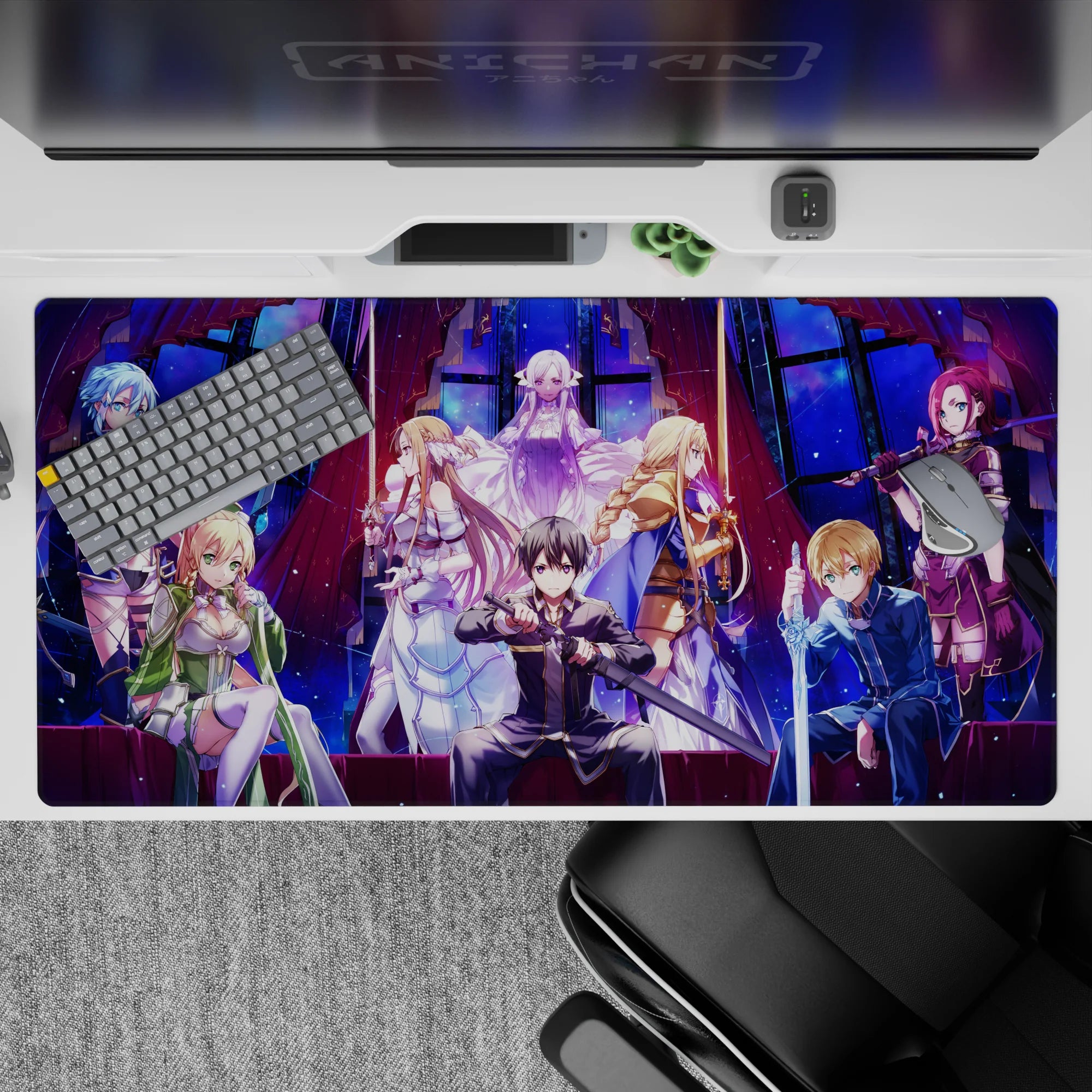 Anime desk pad 40x20 inches featuring Sword Art Online: Alicization cast. Kirito, Asuna, Alice, and Sinon in vivid colors.