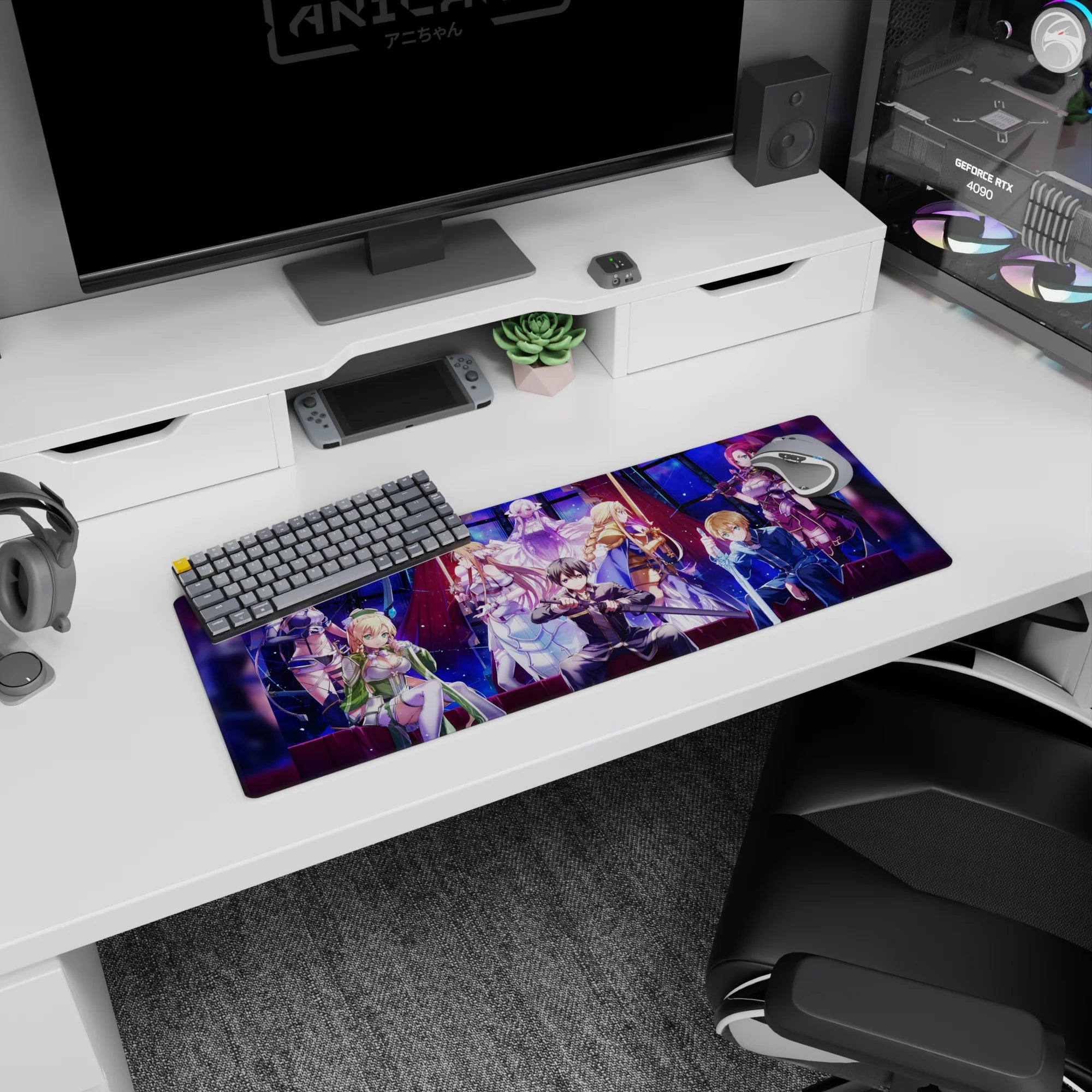 Anime mouse pad 32x12 inches featuring Sword Art Online: Alicization cast; Kirito, Asuna, Alice, and Sinon in dynamic poses.