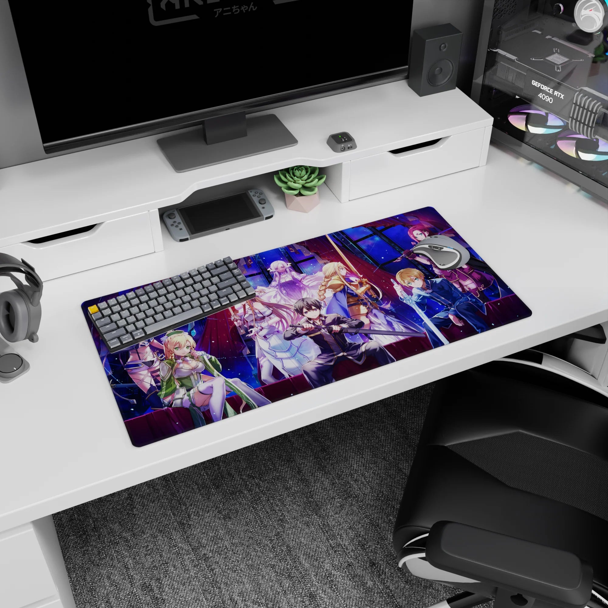 Anime mouse pad 32x16 inches featuring Sword Art Online: Alicization characters Kirito, Asuna, Alice, and Sinon in vibrant colors.