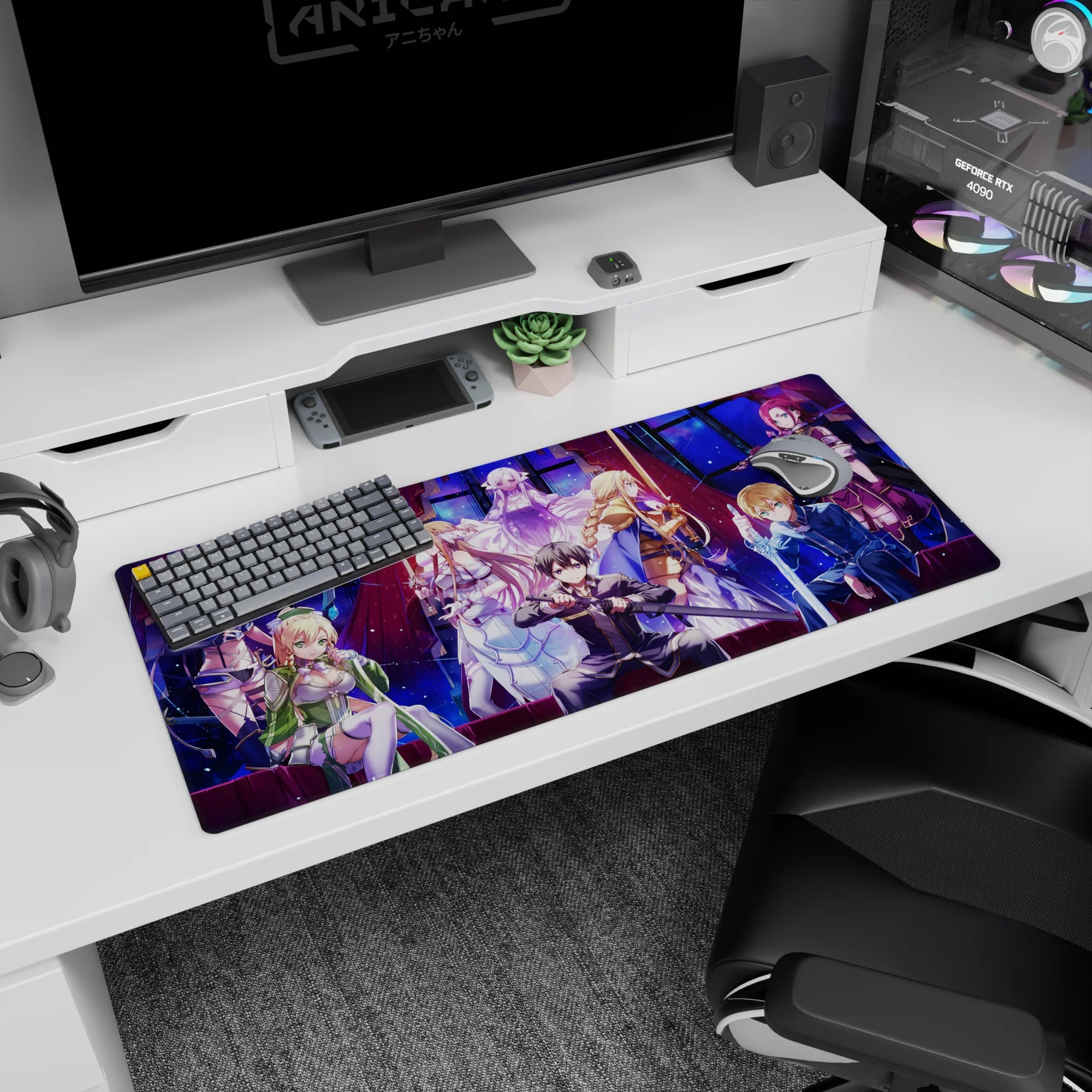 Anime desk pad 36x16 inches featuring Kirito, Asuna, Alice, and Sinon from Sword Art Online: Alicization in vibrant colors.