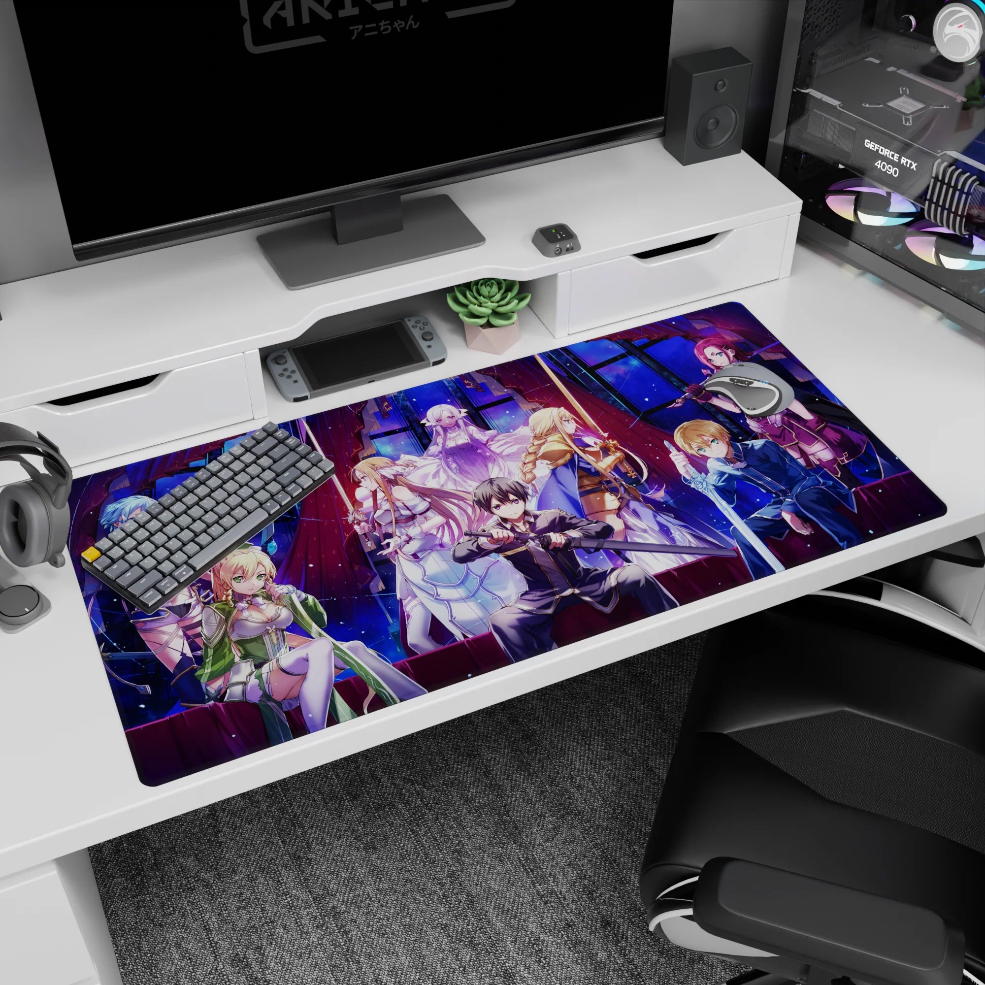 Anime desk pad featuring Sword Art Online: Alicization cast, 40x20 inches, with Kirito, Asuna, Alice, and Sinon in vivid colors.