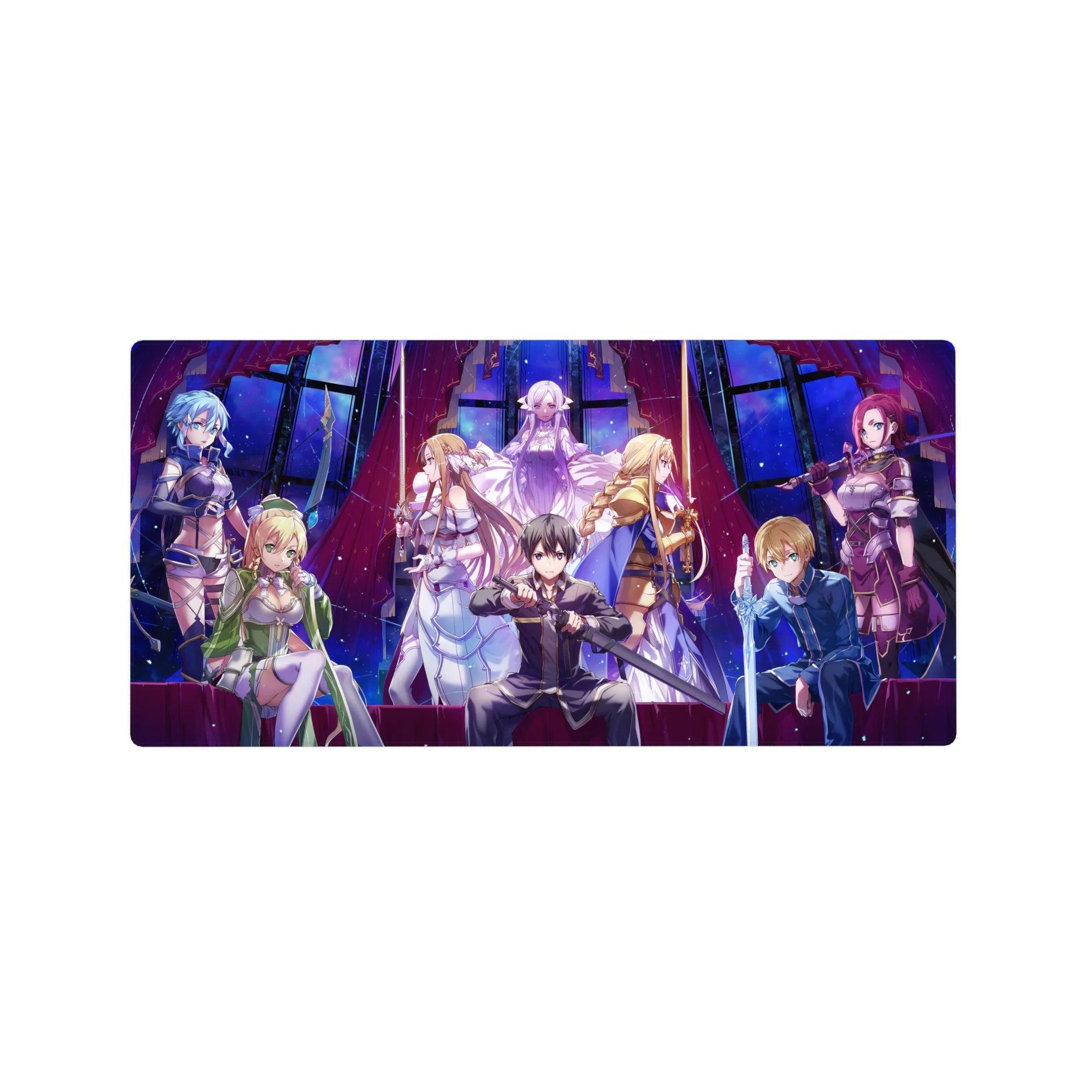 Sword Art Online: Alicization mouse pad 32x16 inches featuring Kirito, Asuna, Alice, and Sinon in celestial blues and crimson.