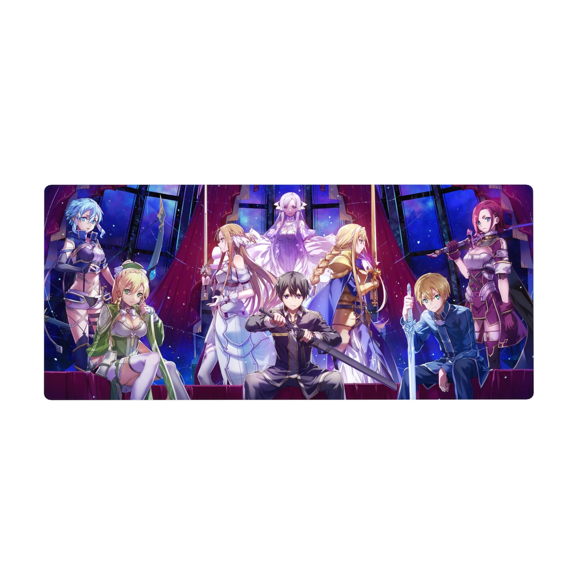 Anime mouse pad 36x16 inches featuring Sword Art Online: Alicization with Kirito, Asuna, Alice, and Sinon in vivid colors.