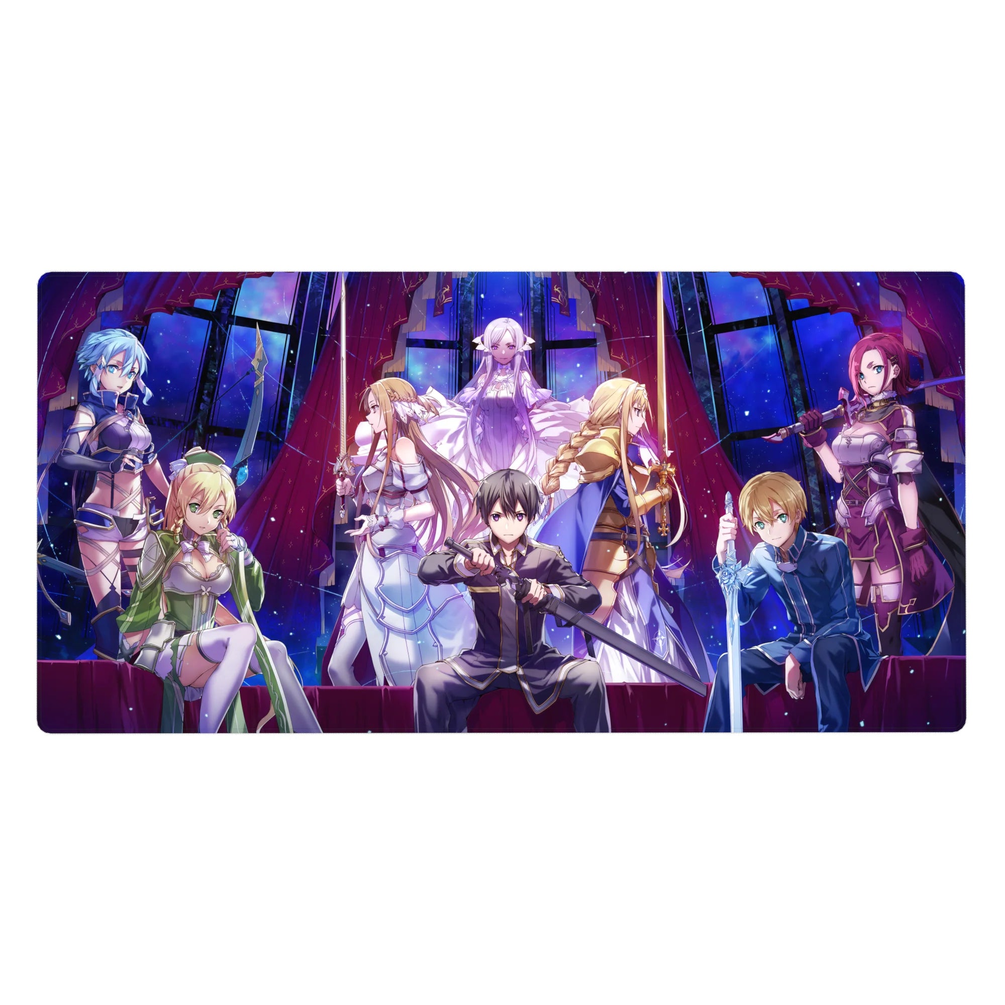 Anime desk pad 40x20 inches featuring Sword Art Online: Alicization cast including Kirito, Asuna, Alice, and Sinon.