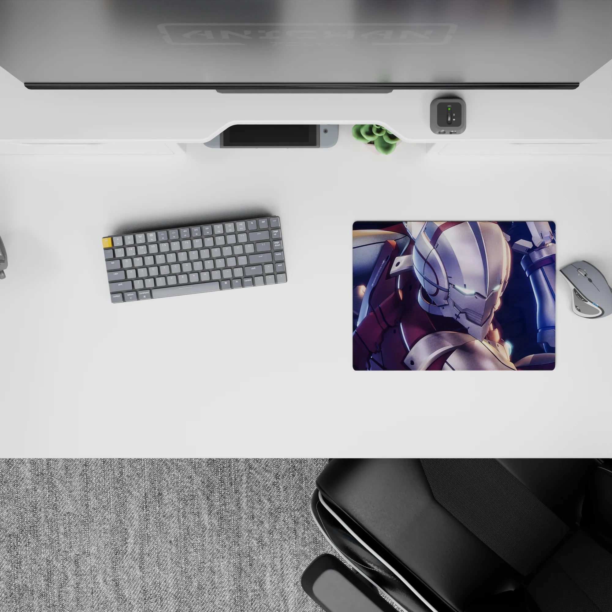 14x10 inches classic anime mouse pad in cool sci-fi mood, neon-blue blades, icy teal glow, crimson accents.
