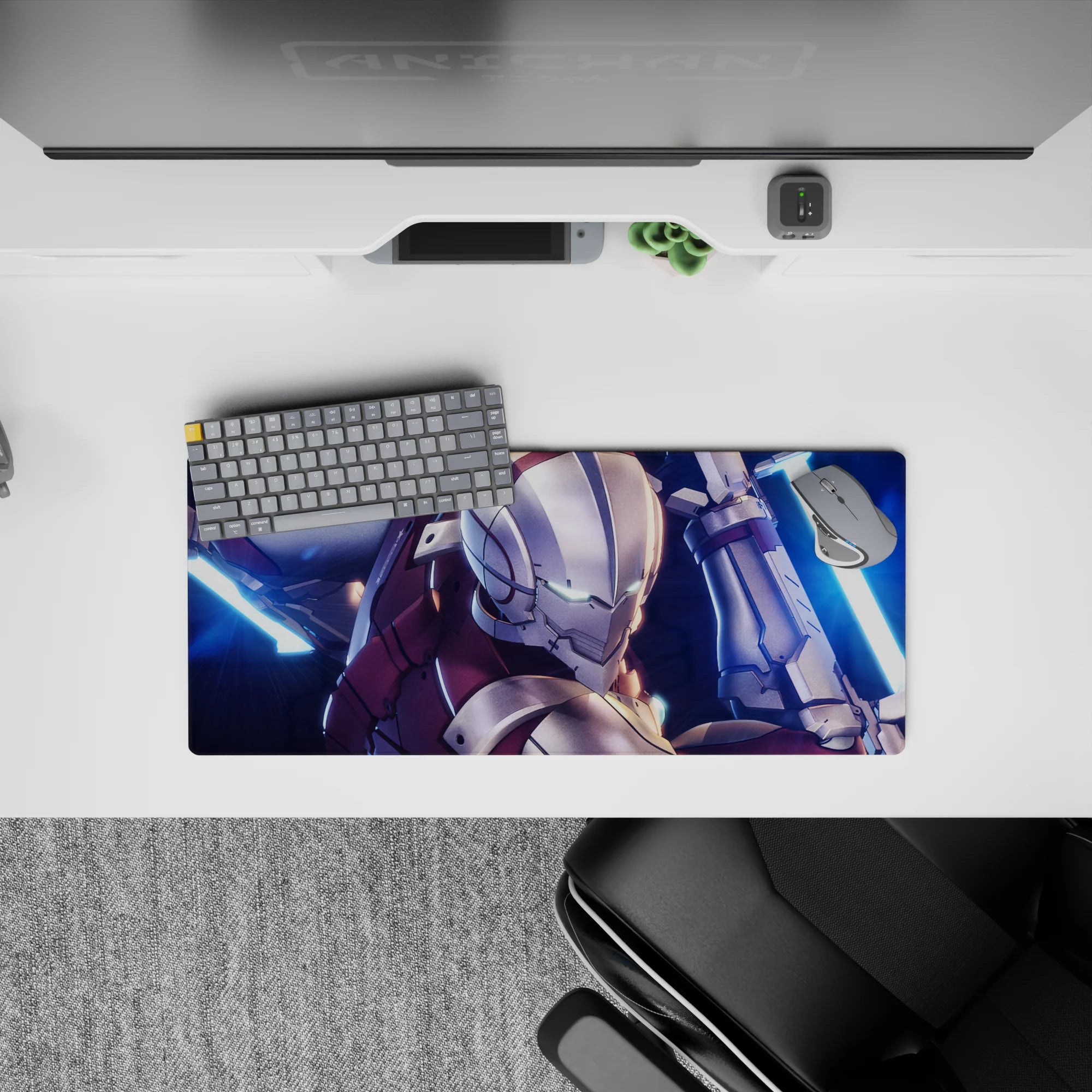 28x12 inches anime mouse pad in tense sci-fi neon hues, icy teal glow and neon-blue blades over crimson armor.