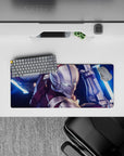 28x12 inches anime mouse pad in tense sci-fi neon hues, icy teal glow and neon-blue blades over crimson armor.