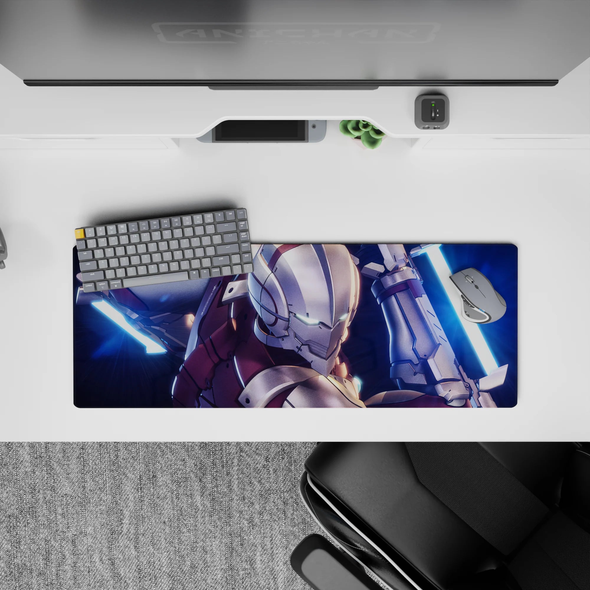 32x12 inches anime mouse pad in icy teal and neon blue glow, deep crimson armor, tense sci-fi vibe.