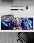 32x12 inches anime mouse pad in icy teal and neon blue glow, deep crimson armor, tense sci-fi vibe.