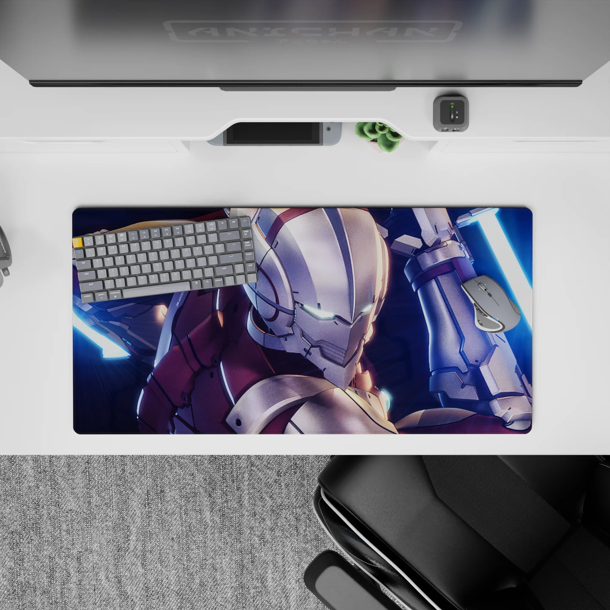 Crimson and silver anime mouse pad 32x16 inches, icy teal eyes and neon-blue glow for a tense sci-fi vibe.