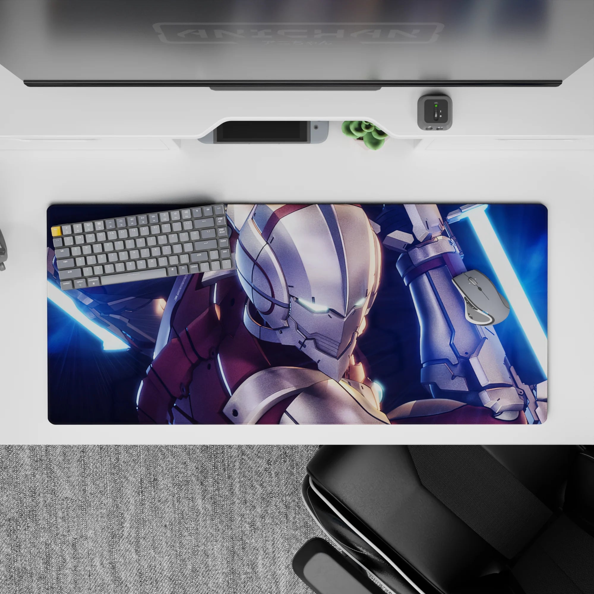 36x16 inches anime desk pad in deep crimson and silver, icy teal glow and neon-blue blades, tense sci-fi vibe.