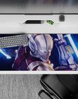 36x16 inches anime desk pad in deep crimson and silver, icy teal glow and neon-blue blades, tense sci-fi vibe.
