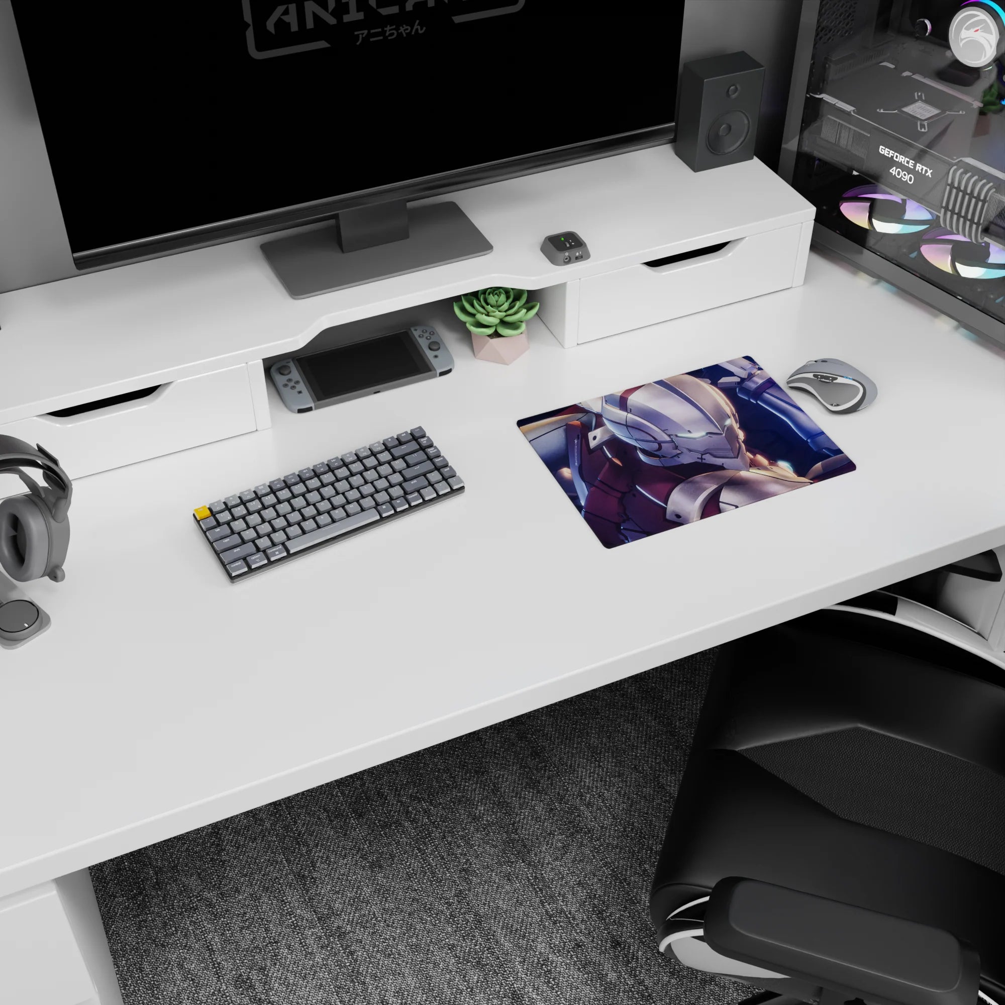 Armored hero drops into frame on 14x10 inches classic anime mouse pad, twin blue energy blades lit.