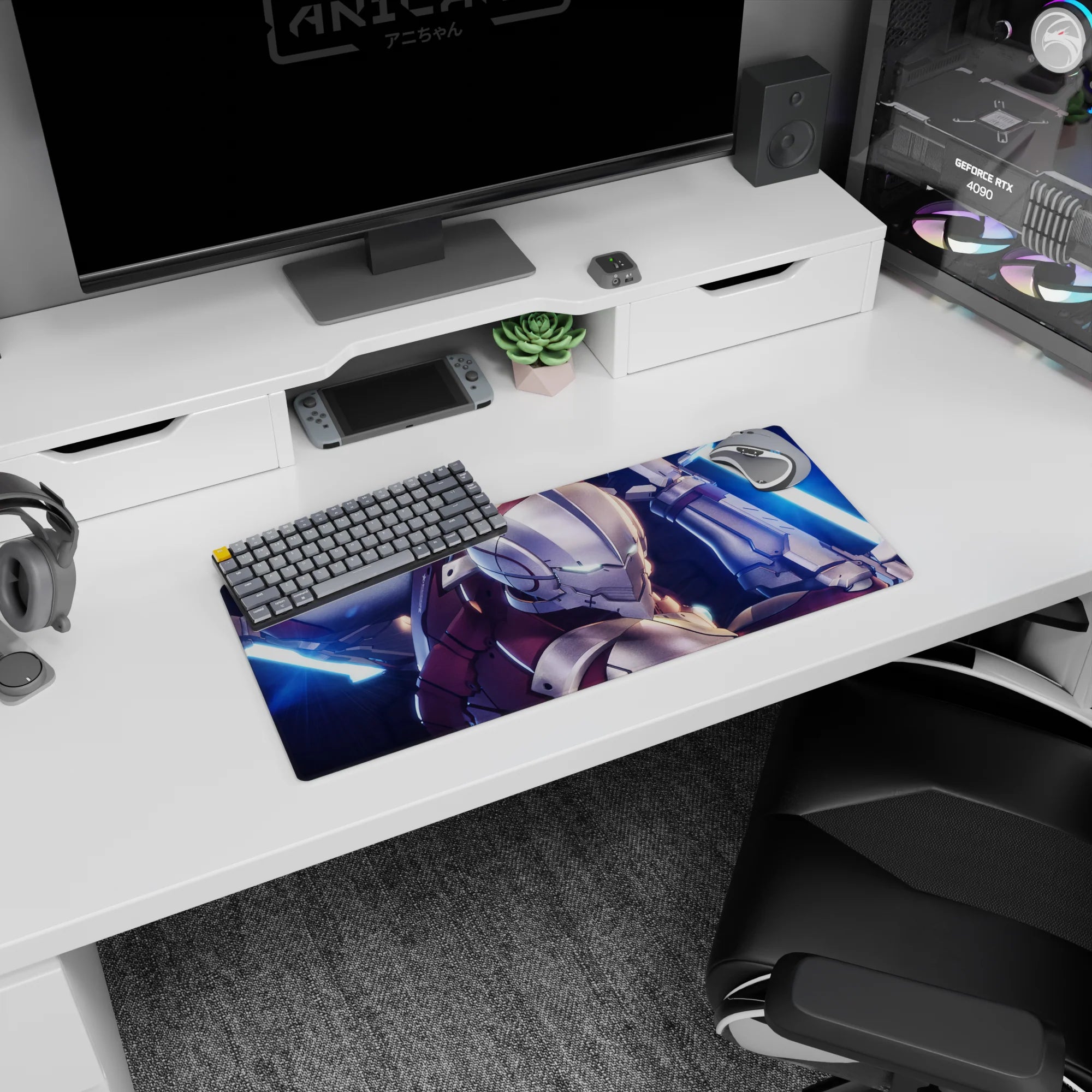 28x12 inches anime mouse pad showing helmeted armored warrior dropping in, dual neon-blue energy swords lit.