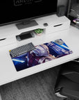 28x12 inches anime mouse pad showing helmeted armored warrior dropping in, dual neon-blue energy swords lit.