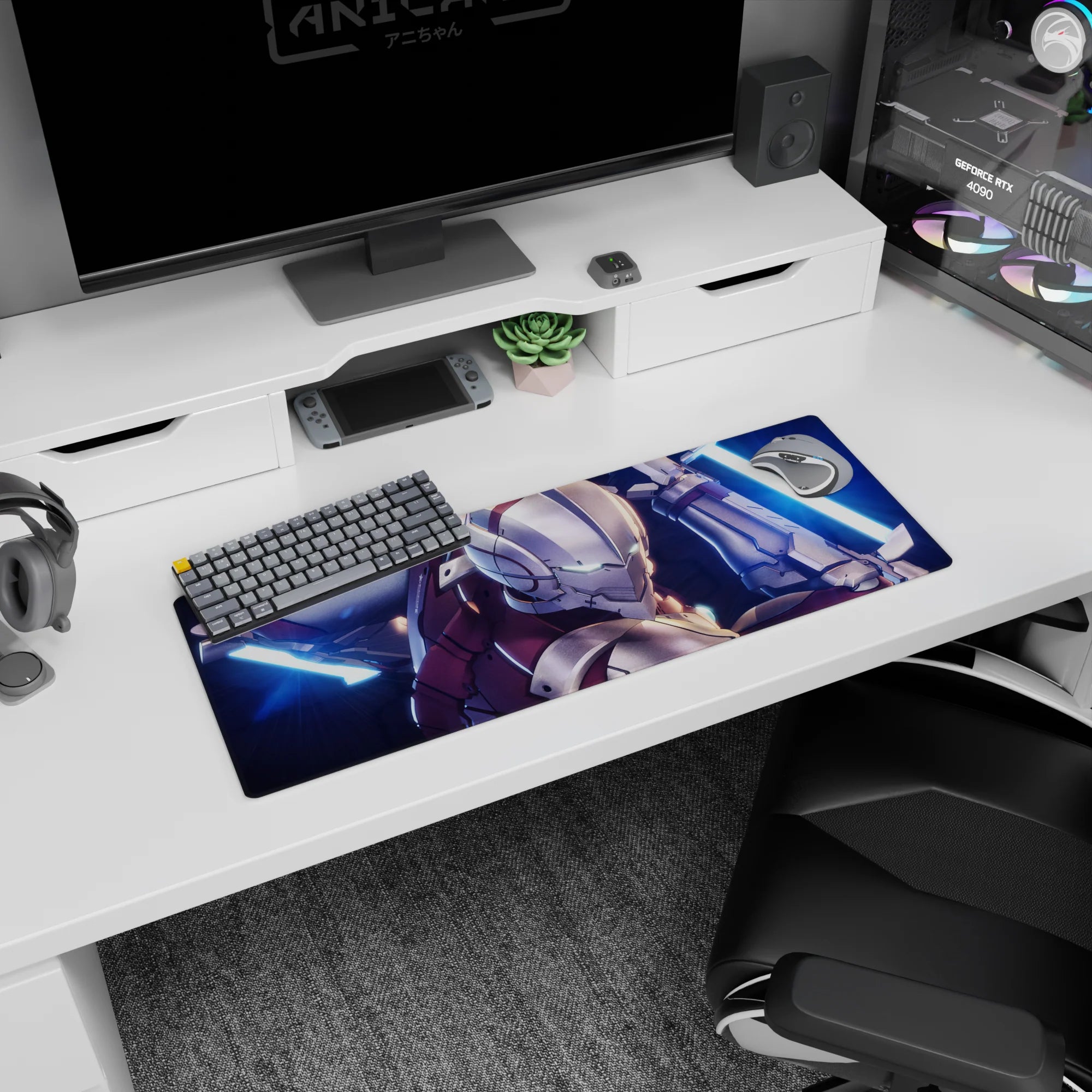32x12 inches anime mouse pad showing helmeted armored warrior dropping in, teal eyes, two neon-blue blades.