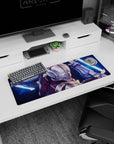 32x12 inches anime mouse pad showing helmeted armored warrior dropping in, teal eyes, two neon-blue blades.