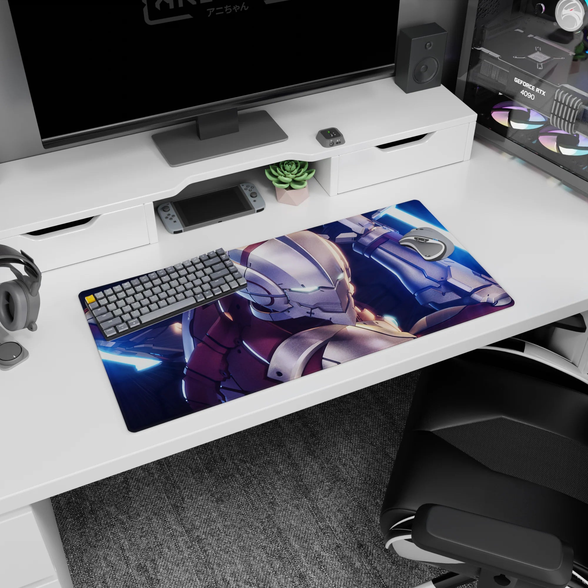 Helmeted armored hero dropping into frame on an anime mouse pad, 32x16 inches, dual neon-blue blades drawn.
