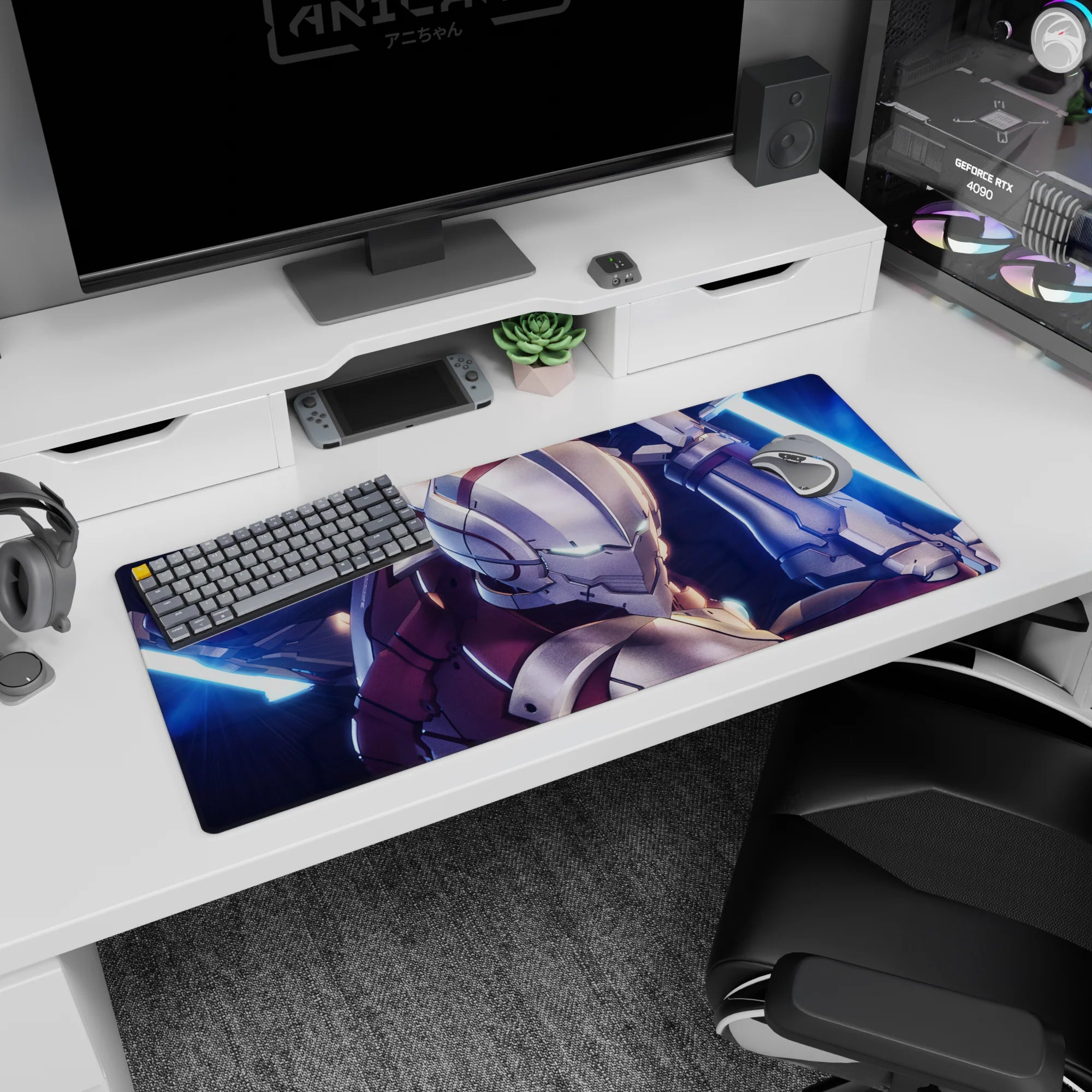 Armored anime warrior landing pose on 36x16 inches desk pad, helmet down, teal eyes, twin neon-blue energy swords.