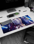 Armored anime warrior landing pose on 36x16 inches desk pad, helmet down, teal eyes, twin neon-blue energy swords.
