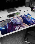 40x20 inches anime desk pad showing helmeted sci‑fi warrior dropping in, teal-lit eyes and twin blades.