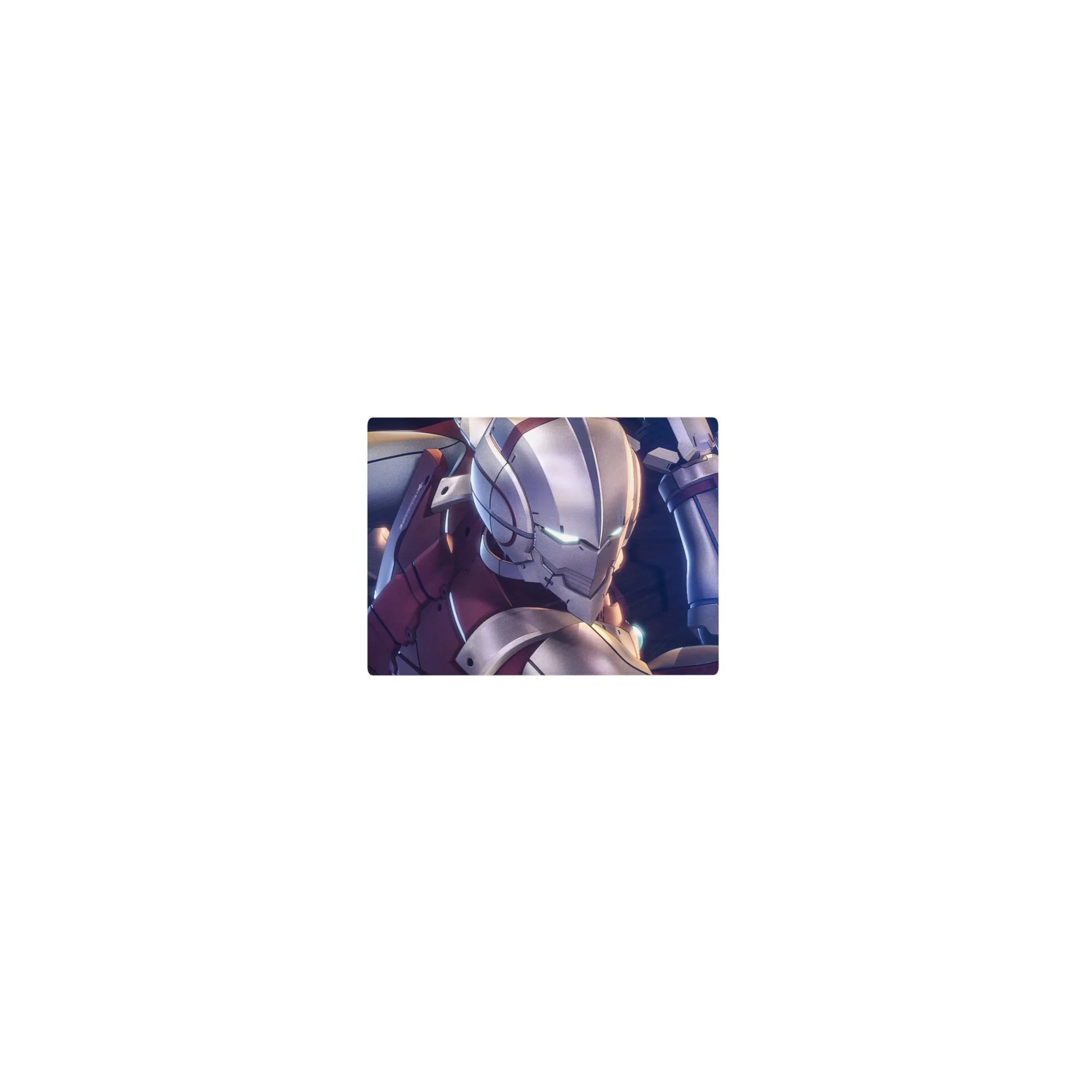 Classic anime mouse pad 14x10 inches with armored sci-fi hero, silver steel and crimson plates, teal eyes.