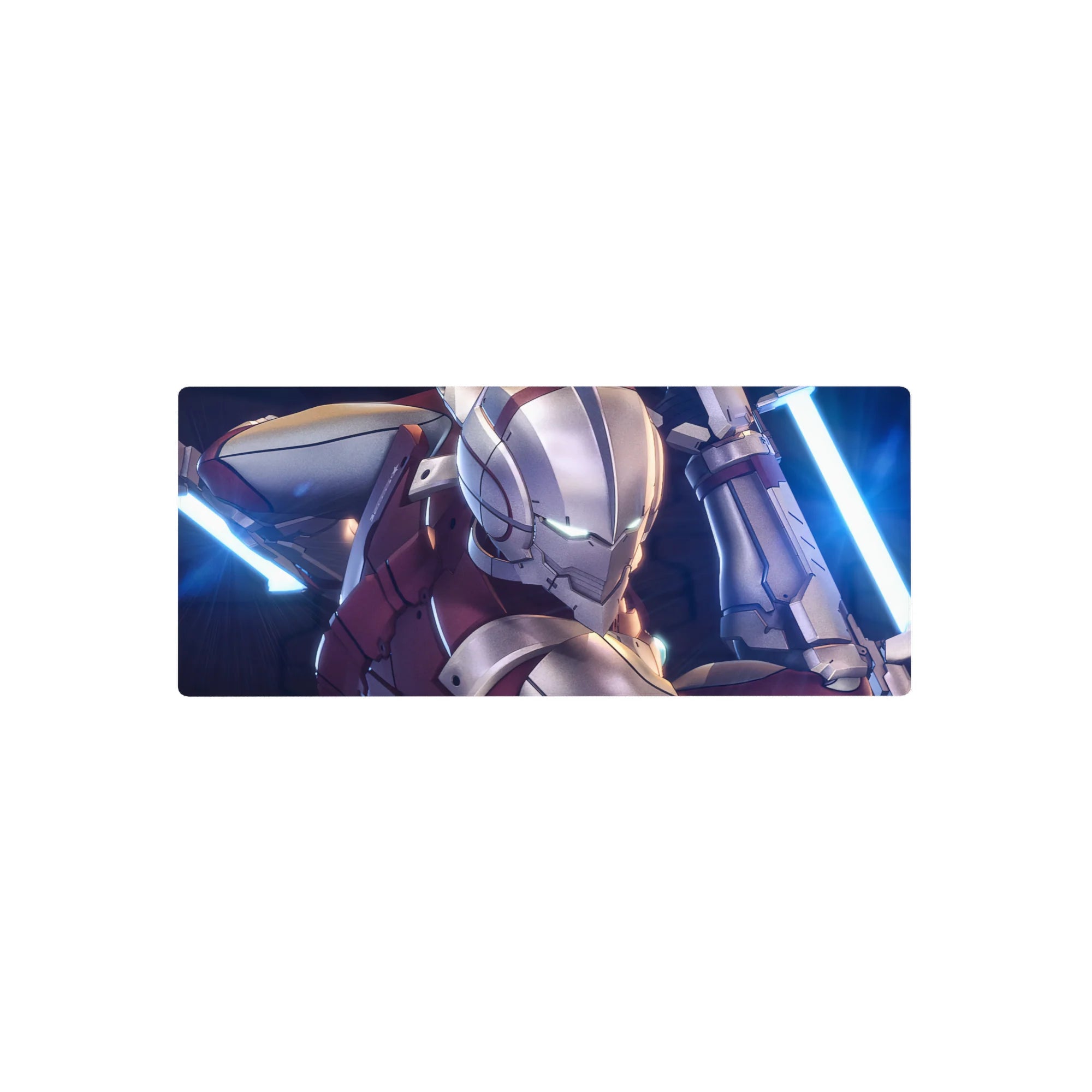 28x12 inches anime mouse pad with sleek armored hero in silver steel and crimson plates, teal eyes, energy blades.